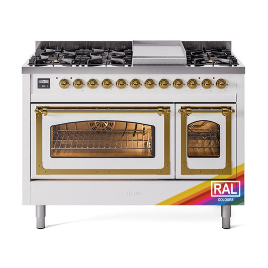 Ilve UN48FNMPRAGLP Ilve Un48Fnmpraglp Nostalgie Ii Noblesse 48" Dual Fuel Range (8 Sealed Burners + Griddle, Liquid Propane, Triple Glass Door, Ral, Brass)