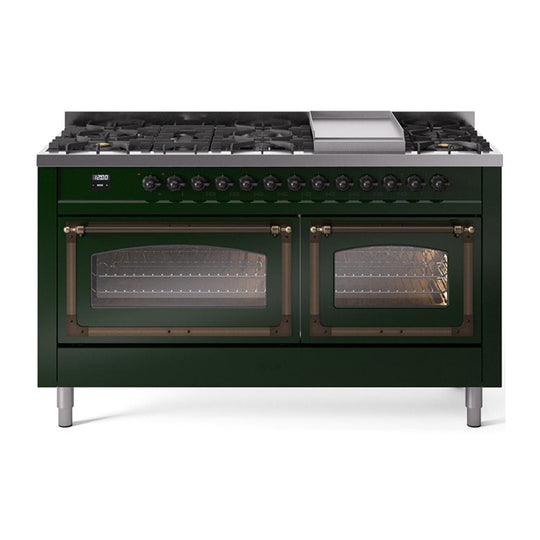 Ilve UN60FNMPEGBLP Ilve Un60Fnmpegblp Nostalgie Ii Noblesse 60" Dual Fuel Range (9 Sealed Burners + Griddle, Liquid Propane, Triple Glass Door, Emerald Green, Burnished)