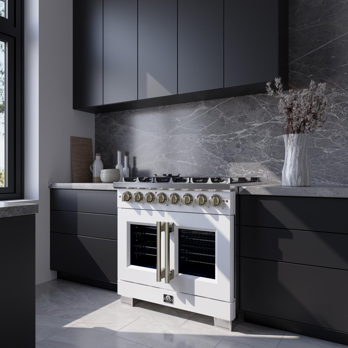 Forno FFSGS638736WHT Forno Capriasca 36 Inch Freestanding French Door Dual Fuel Range In White With Antique Brass Accessories, 6 Burners, True Convection Oven