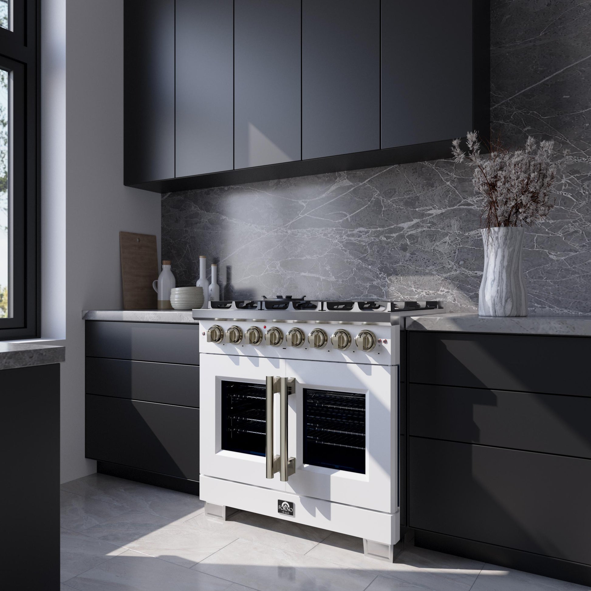 Forno FFSGS638736WHT Forno Capriasca 36 Inch Freestanding French Door Dual Fuel Range In White With Antique Brass Accessories, 6 Burners, True Convection Oven