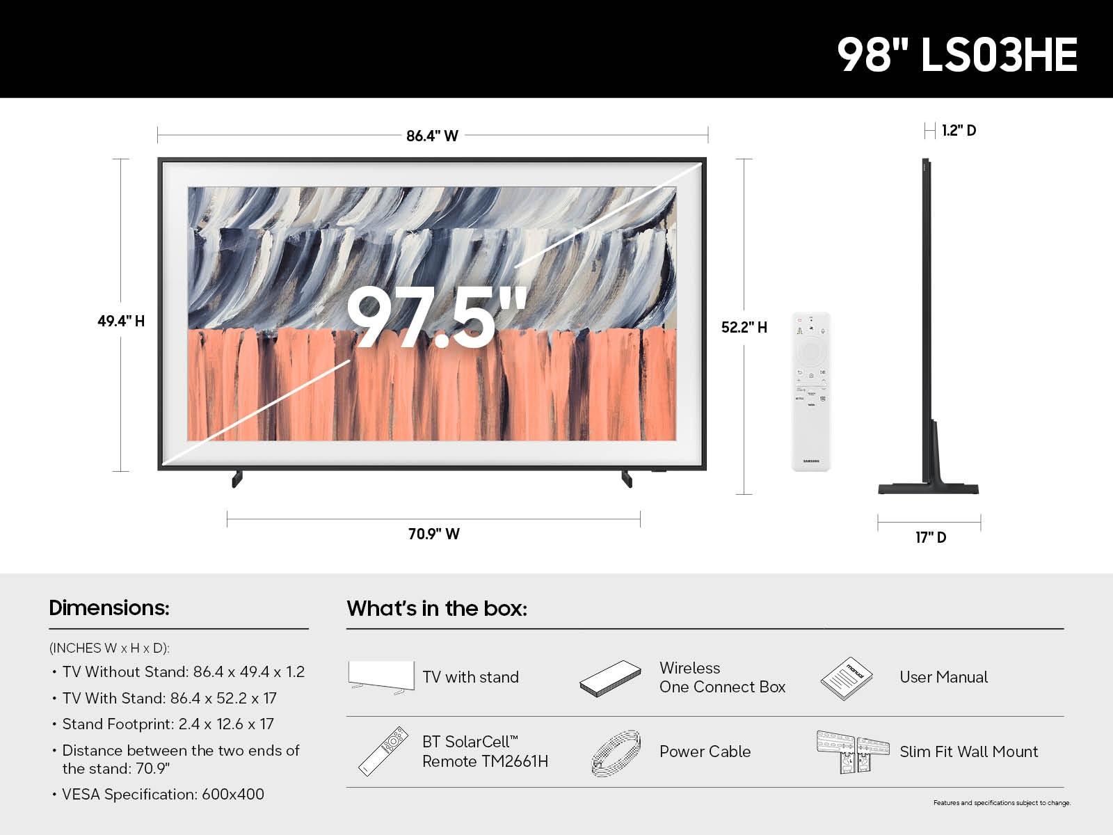 Samsung QN98LS03HEFXZA 98 Inch Class The Frame Ls03He 4K Vision Ai Smart Tv (2026)