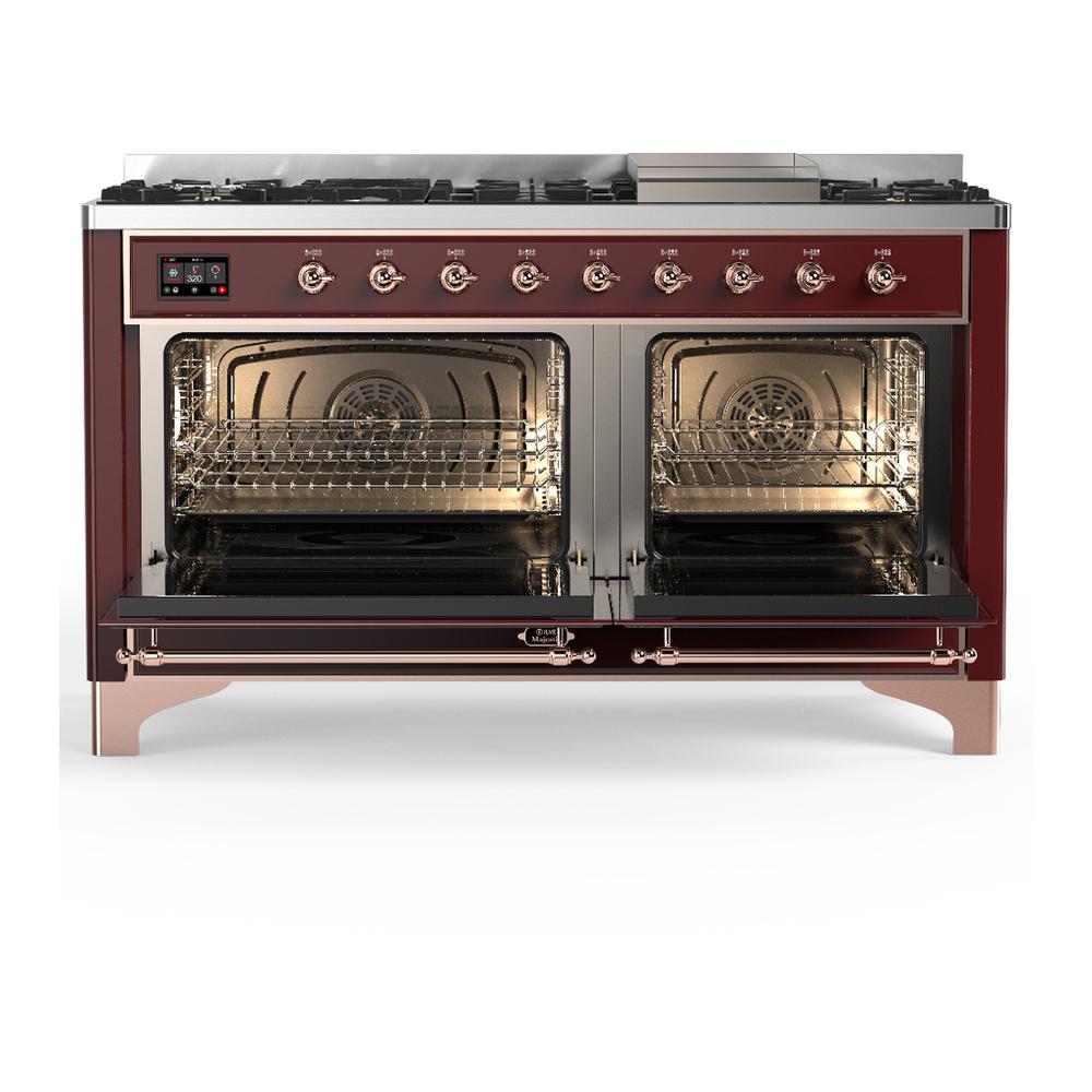 Ilve UM60FQNR3BUPLP Ilve Um60Fqnr3Buplp Majestic Iii 60 Inch Dual Fuel Range With 9 Burners And Griddle, Dual Function Burner Up To 25,000 Btu (Liquid Propane, Solid Door, Burgundy, Copper)