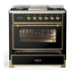 Ilve UM36FNR3BKGLP Ilve Um36Fnr3Bkglp Majestic Iii 36 Inch Dual Fuel Range With 6 Black Brass Burners And Griddle, Dual Function Burner Up To 25,000 Btu (Triple Glass Door, Glossy Black, Brass, Liquid Propane)