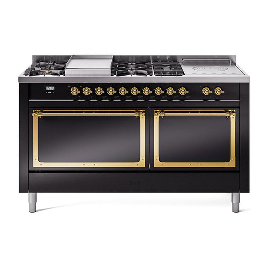 Ilve UN60FSQNMPBKGLP Ilve Un60Fsqnmpbkglp Nostalgie Ii Noblesse 60" Dual Fuel Range (7 Sealed Burners + Griddle + French Top, Liquid Propane, Solid Door, Glossy Black, Brass)