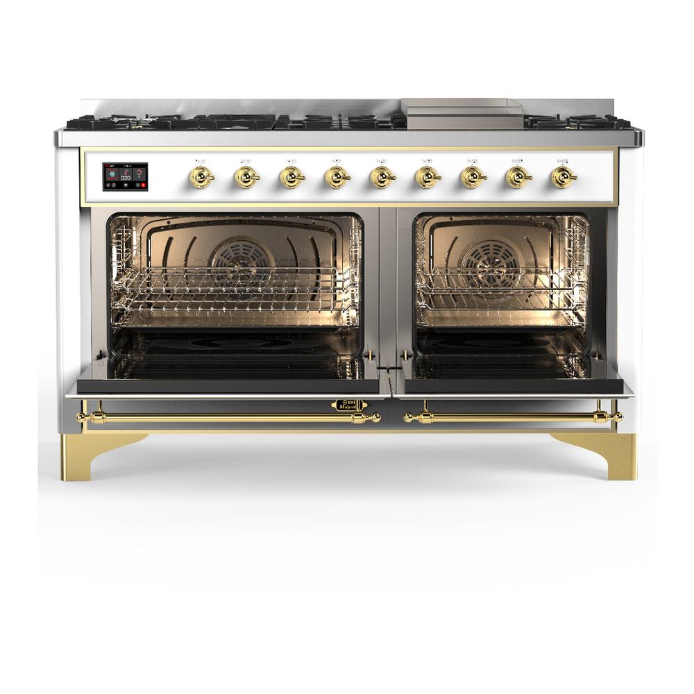 Ilve UM60FQNR3WHG Ilve Um60Fqnr3Whg Majestic Iii 60 Inch Dual Fuel Range With 9 Burners And Griddle, Dual Function Burner Up To 25,000 Btu (Natural Gas, Solid Door, White, Brass)