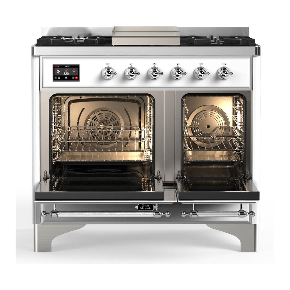 Ilve UMD40FNR3WHCLP Ilve Umd40Fnr3Whclp Majestic Iii 40 Inch Dual Fuel Range With 6 Burners And Griddle, Dual Function Burner Up To 25,000 Btu (Liquid Propane, Triple Glass Door, White, Chrome)