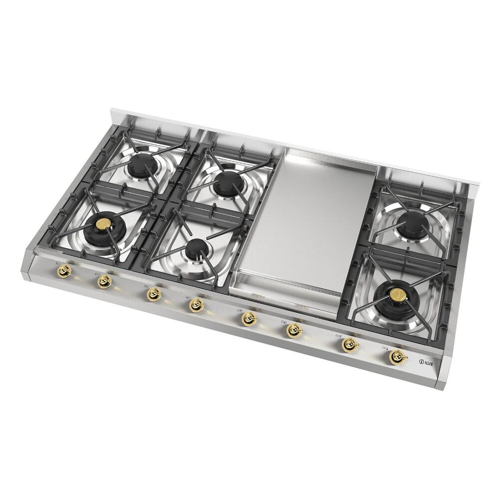 Ilve UHCP1265FNSSG Ilve Uhcp1265Fnssg Nostalgie Ii 48 Inch Built-In Gas Cooktop With 8 Burners, Griddle, In Stainless Steel (Natural Gas)