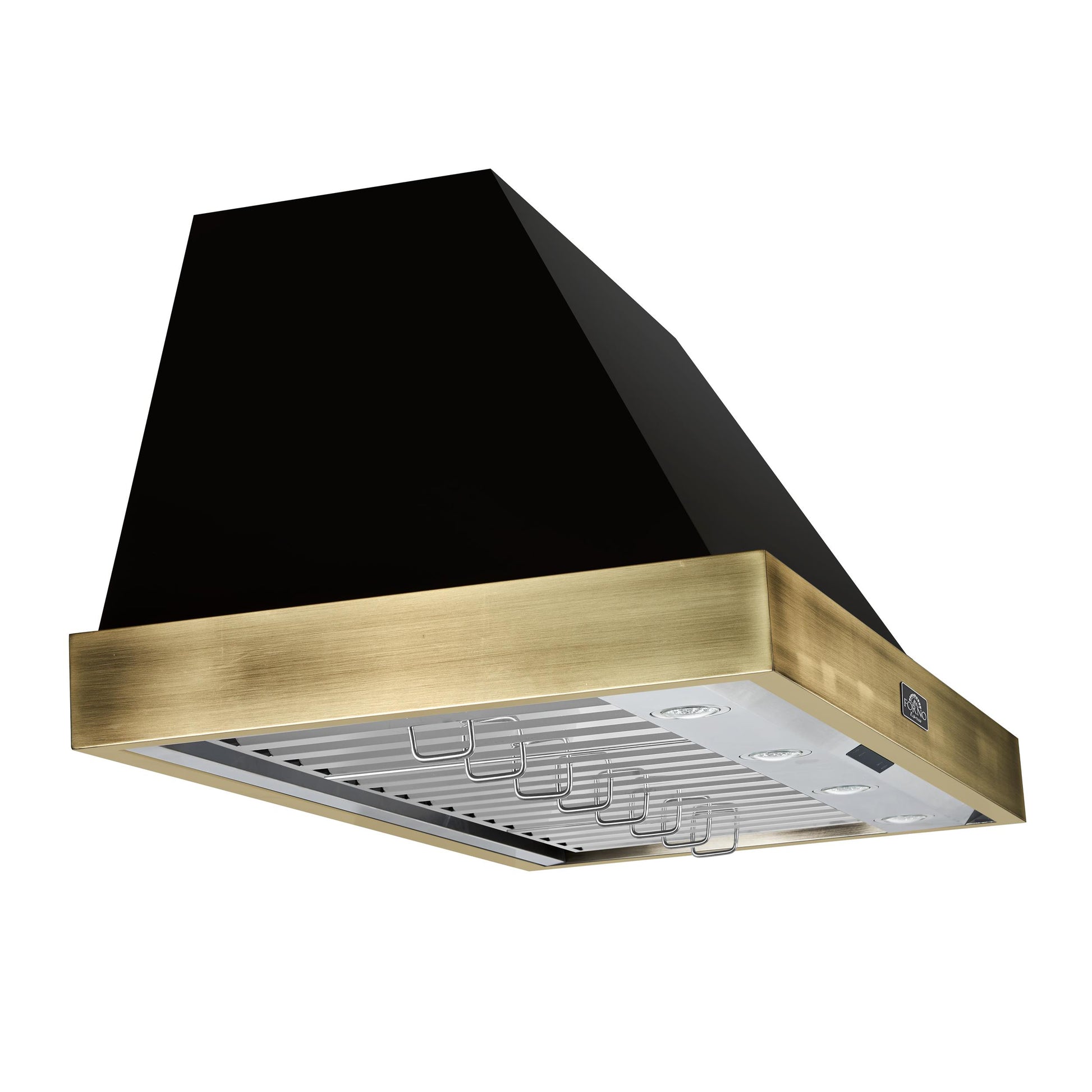 Forno FRHWM507848BLK Forno Vittorio 48-Inch Wall Mount Range Hood, Black With Antique Brass Trim, 424 Cfm Airflow, Dishwasher-Safe Baffle Filters, Remote Control, 3-Speed Fan, Bright Led Lighting.