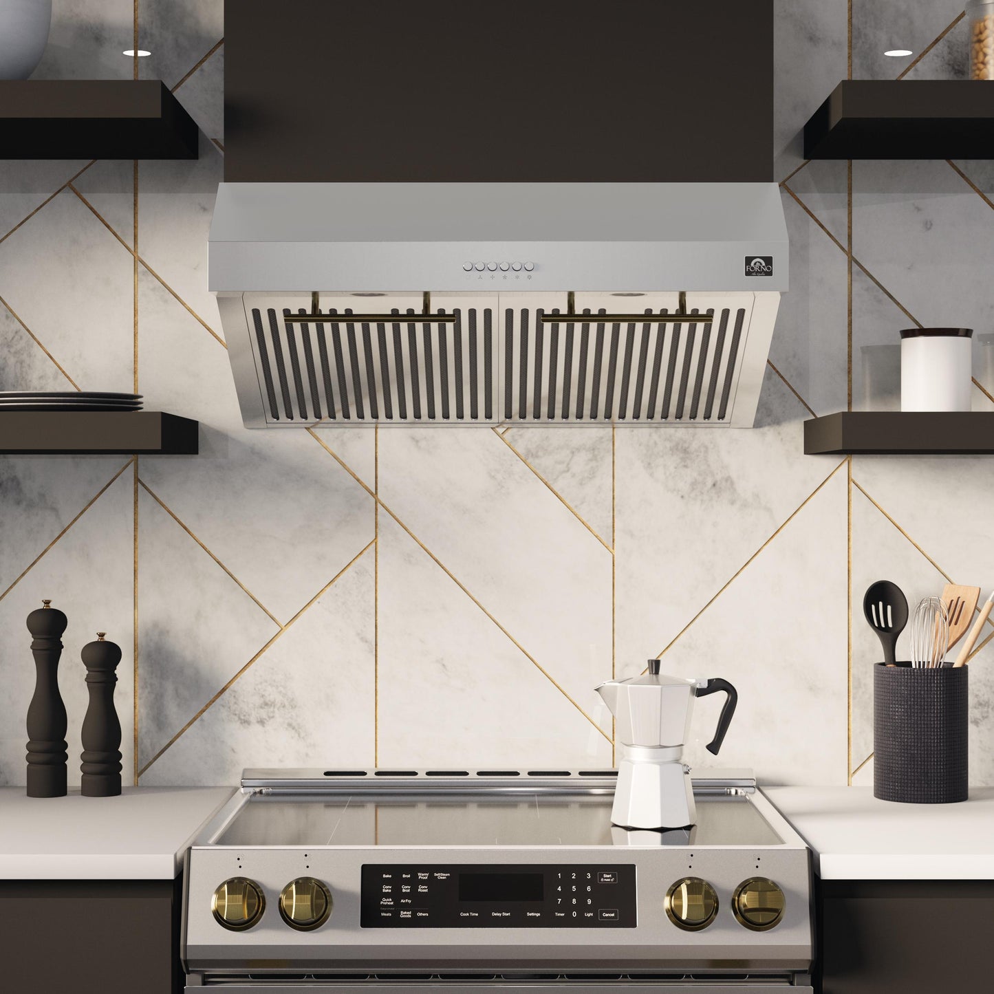 Forno FRHUC525530 Forno Bari Espresso 30-Inch Under Cabinet Range Hood, Stainless Steel, 400 Cfm, Led Lighting, Dishwasher-Safe Baffle Filters, 4-Speed Fan Control