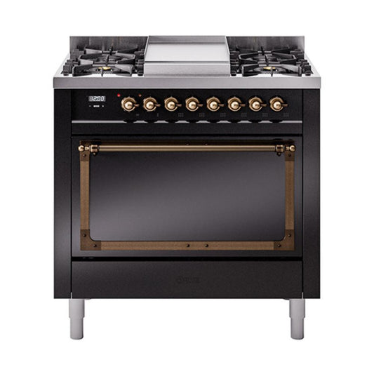 Ilve UN36FQNMPBKB Ilve Un36Fqnmpbkb Nostalgie Ii Noblesse 36" Dual Fuel Range (Natural Gas, Solid Door, Glossy Black, Burnished)