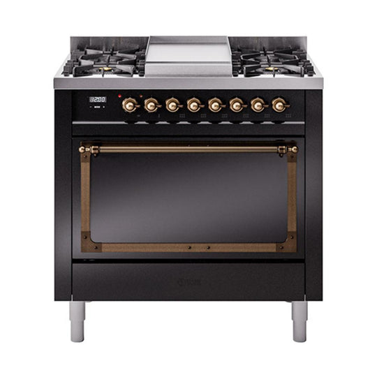 Ilve UN36FQNMPBKB Ilve Un36Fqnmpbkb Nostalgie Ii Noblesse 36" Dual Fuel Range (Natural Gas, Solid Door, Glossy Black, Burnished)
