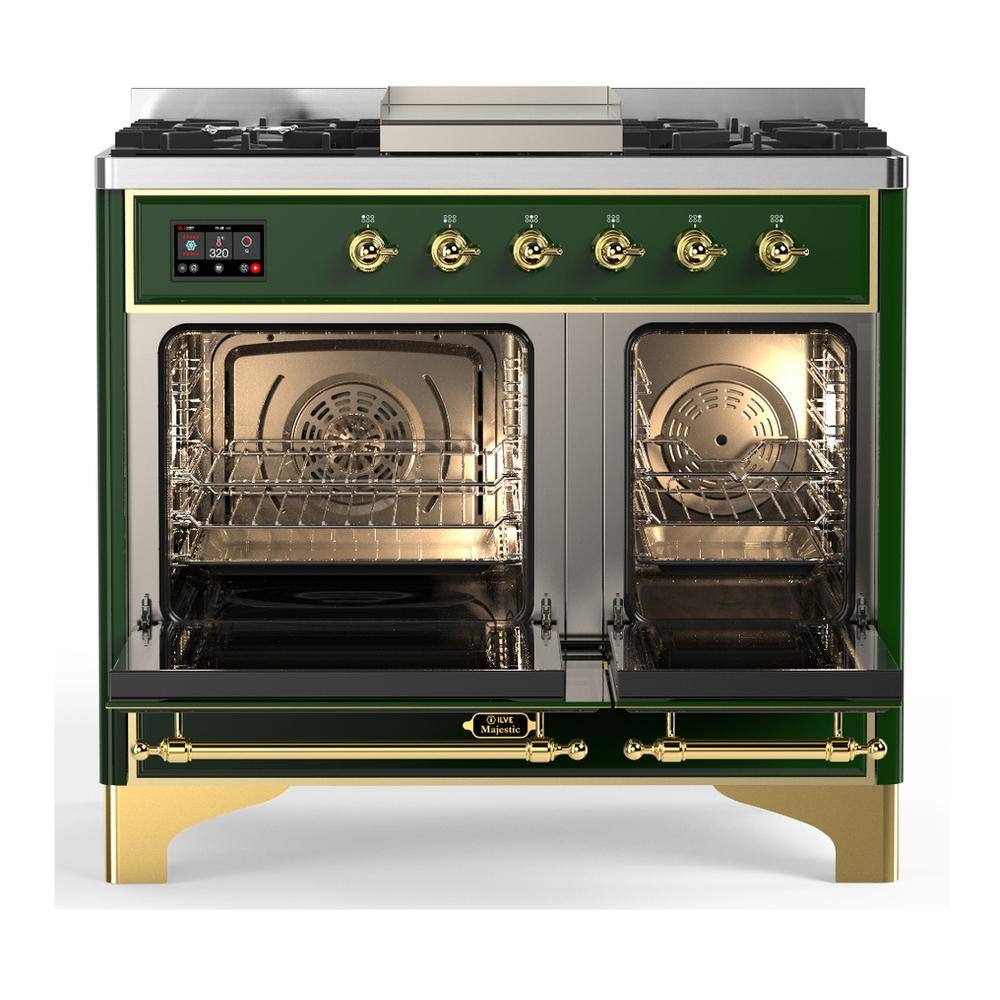 Ilve UMD40FNR3EGGLP Ilve Umd40Fnr3Egglp Majestic Iii 40 Inch Dual Fuel Range With 6 Burners And Griddle, Dual Function Burner Up To 25,000 Btu (Liquid Propane, Triple Glass Door, Emerald Green, Brass)