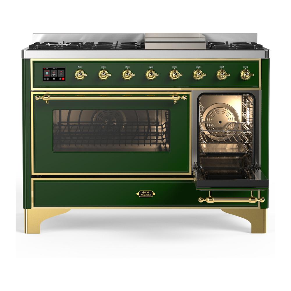 Ilve UM48FNR3EGGLP Ilve Um48Fnr3Egglp Majestic Iii 48 Inch Dual Fuel Range With 8 Burners And Griddle, Dual Function Burner Up To 25,000 Btu (Liquid Propane, Triple Glass Door, Emerald Green, Brass)