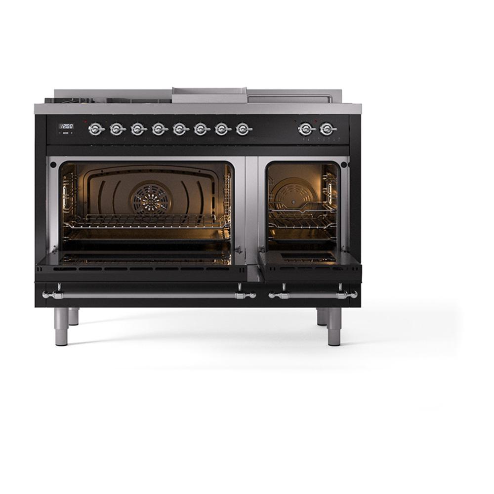 Ilve UN48FSNMPBKCLP Ilve Un48Fsnmpbkclp Nostalgie Ii Noblesse 48" Dual Fuel Range (5 Sealed Burners + Griddle + French Top, Liquid Propane, Triple Glass Door, Glossy Black, Chrome)