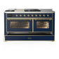Ilve UM60FSNR3MBG Ilve Um60Fsnr3Mbg Majestic Iii 60 Inch Dual Fuel Range With 7 Burners, Griddle And French Top, Dual Function Burner With Up To 25,000 Btu (Natural Gas, Triple Glass Door, Midnight Blue, Brass)