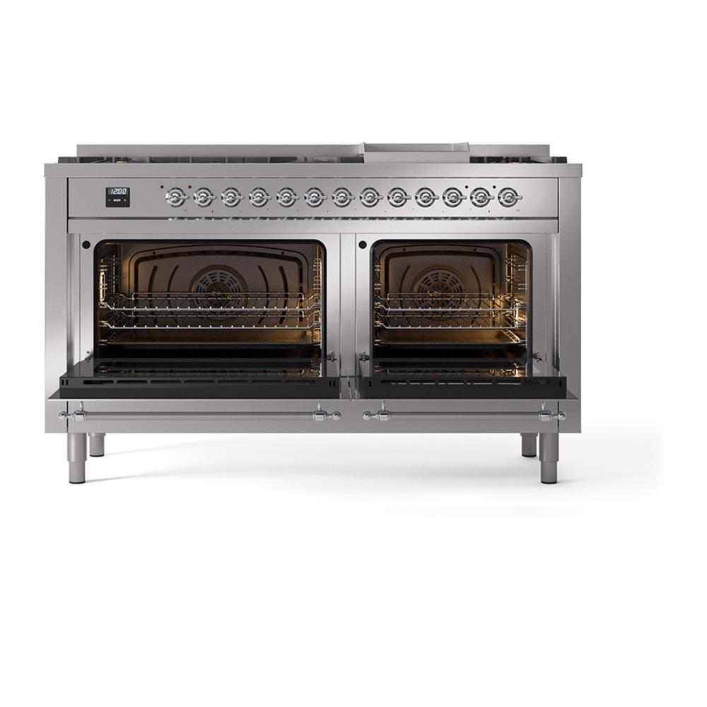 Ilve UN60FQNMPSSC Ilve Un60Fqnmpssc Nostalgie Ii Noblesse 60" Dual Fuel Range (9 Sealed Burners + Griddle, Natural Gas, Solid Door, Stainless Steel, Chrome)