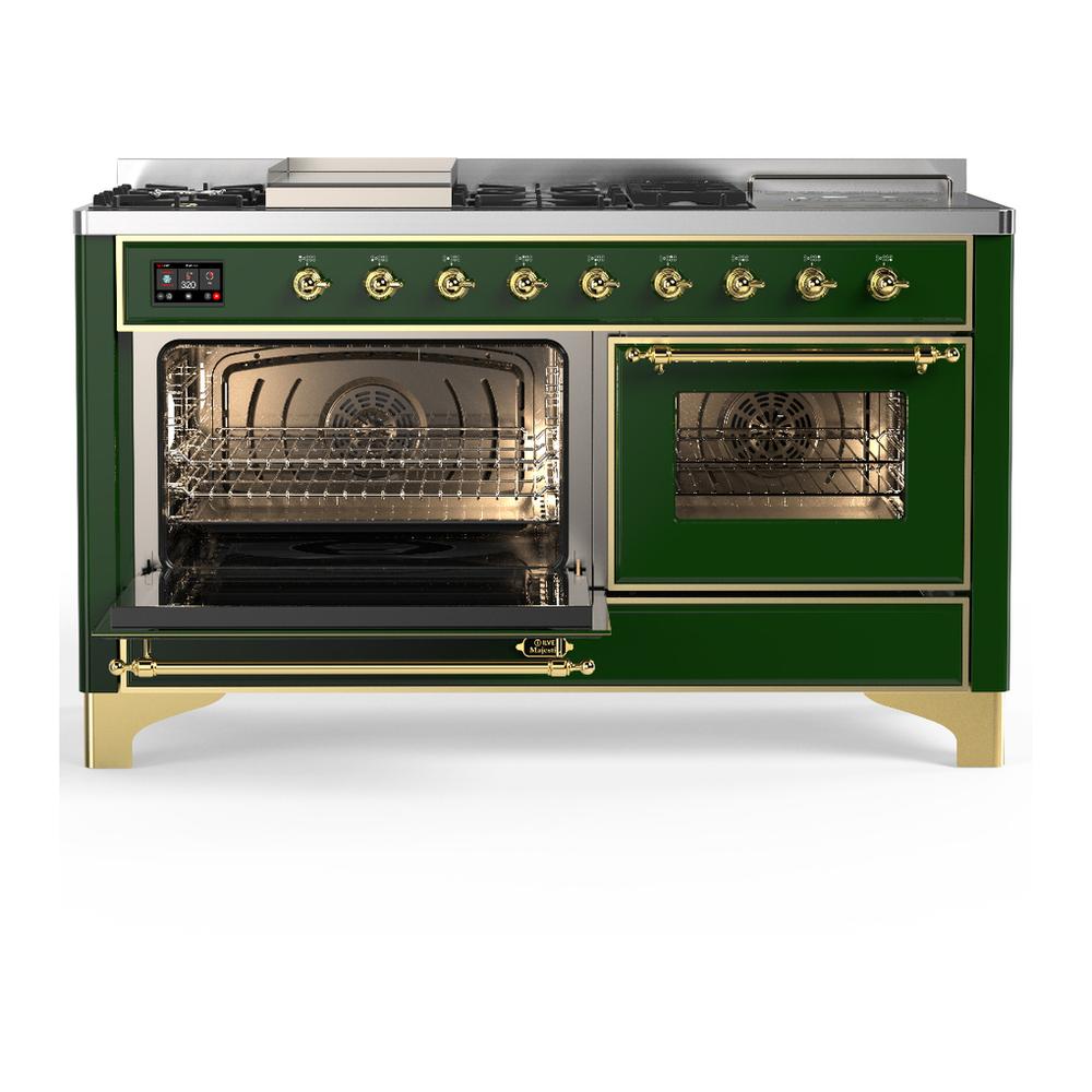 Ilve UM60FSNR3EGGLP Ilve Um60Fsnr3Egglp Majestic Iii 60 Inch Dual Fuel Range With 7 Burners, Griddle And French Top, Dual Function Burner With Up To 25,000 Btu (Liquid Propane, Triple Glass Door, Emerald Green, Brass)