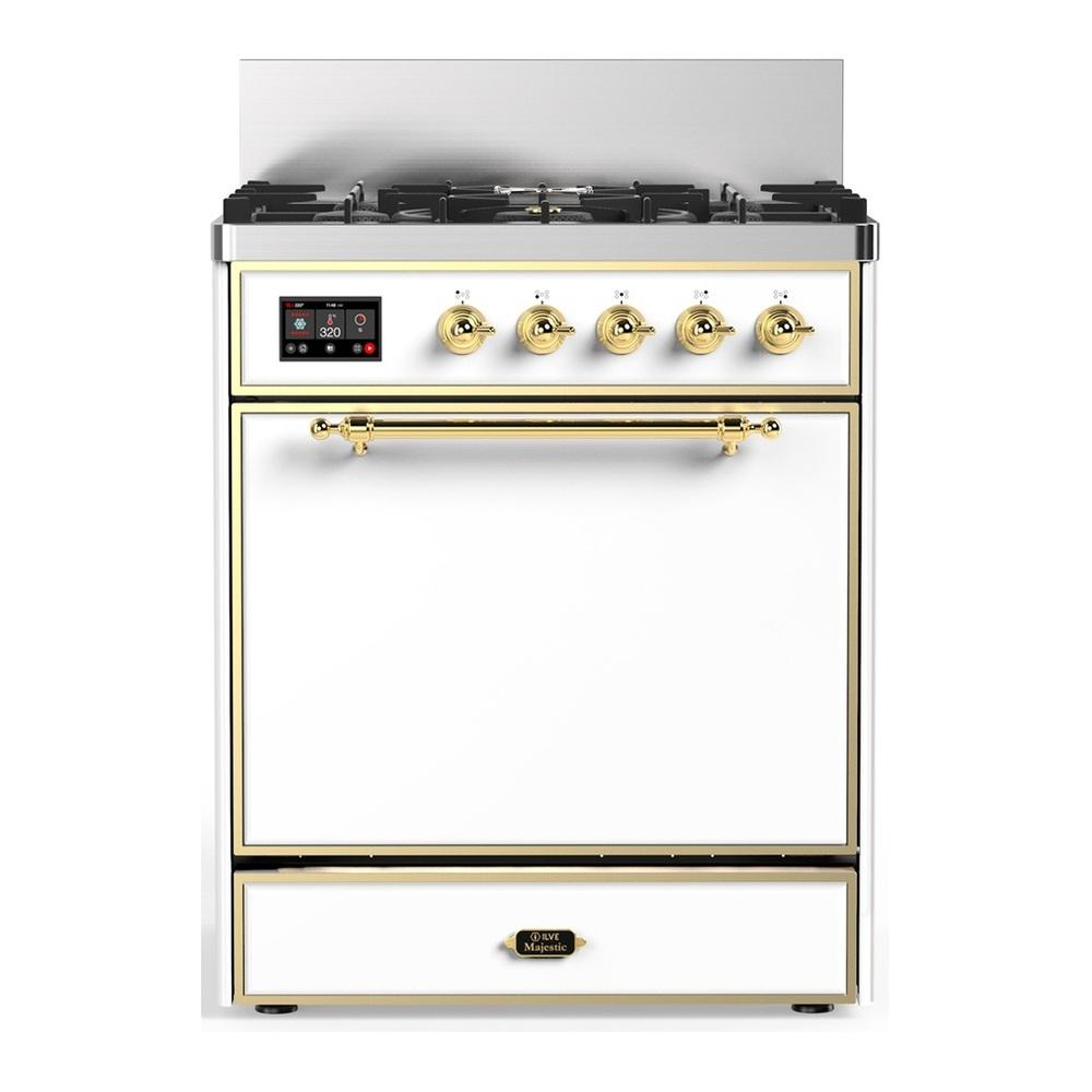 Ilve UM30QNR3WHG Ilve Um30Qnr3Whg Majestic Iii 30 Inch Dual Fuel Range With 5 Black Brass Burners, Dual Function Burner Up To 25,000 Btu (Natural Gas, Solid Door, White, Brass)