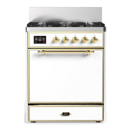 Ilve UM30QNR3WHG Ilve Um30Qnr3Whg Majestic Iii 30 Inch Dual Fuel Range With 5 Black Brass Burners, Dual Function Burner Up To 25,000 Btu (Natural Gas, Solid Door, White, Brass)