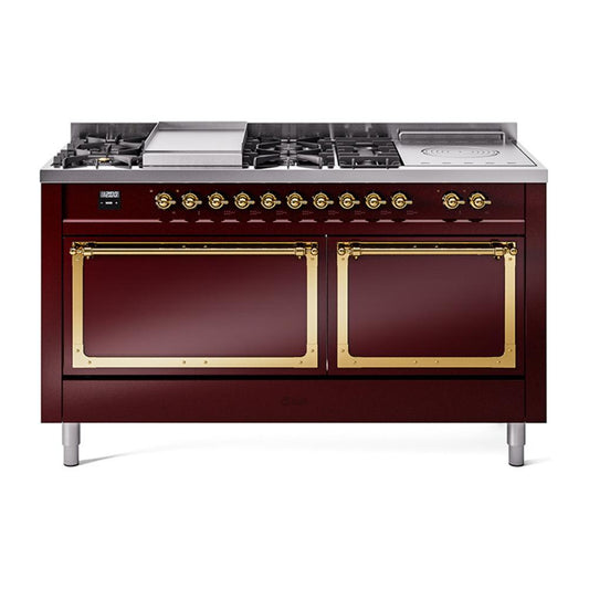 Ilve UN60FSQNMPBUG Ilve Un60Fsqnmpbug Nostalgie Ii Noblesse 60" Dual Fuel Range (7 Sealed Burners + Griddle + French Top, Natural Gas, Solid Door, Burgundy, Brass)