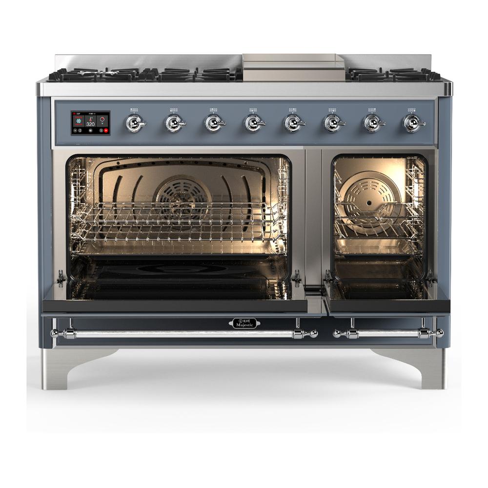Ilve UM48FNR3BGCLP Ilve Um48Fnr3Bgclp Majestic Iii 48 Inch Dual Fuel Range With 8 Burners And Griddle, Dual Function Burner Up To 25,000 Btu (Liquid Propane, Triple Glass Door, Blue Grey, Chrome)