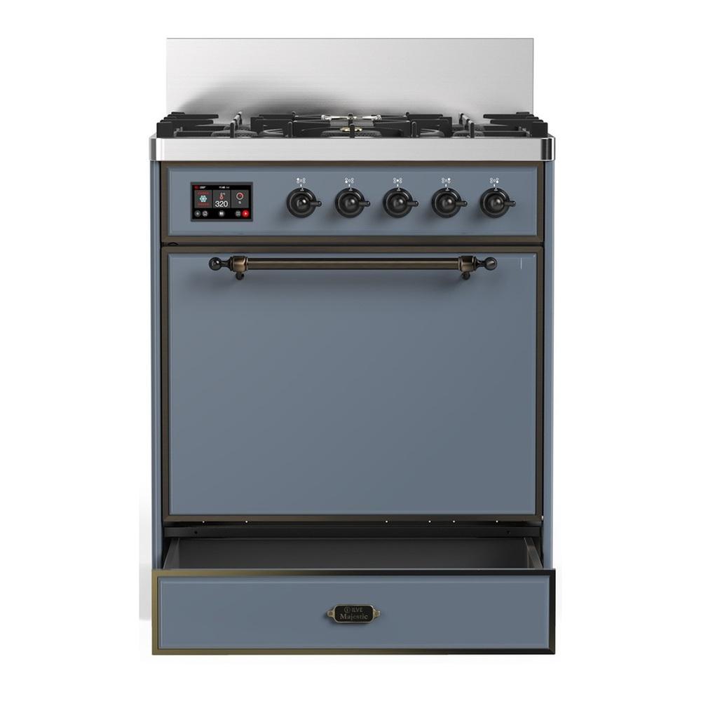 Ilve UM30QNR3BGBLP Ilve Um30Qnr3Bgblp Majestic Iii 30 Inch Dual Fuel Range With 5 Black Brass Burners, Dual Function Burner Up To 25,000 Btu (Liquid Propane, Solid Door, Blue Grey, Burnished)