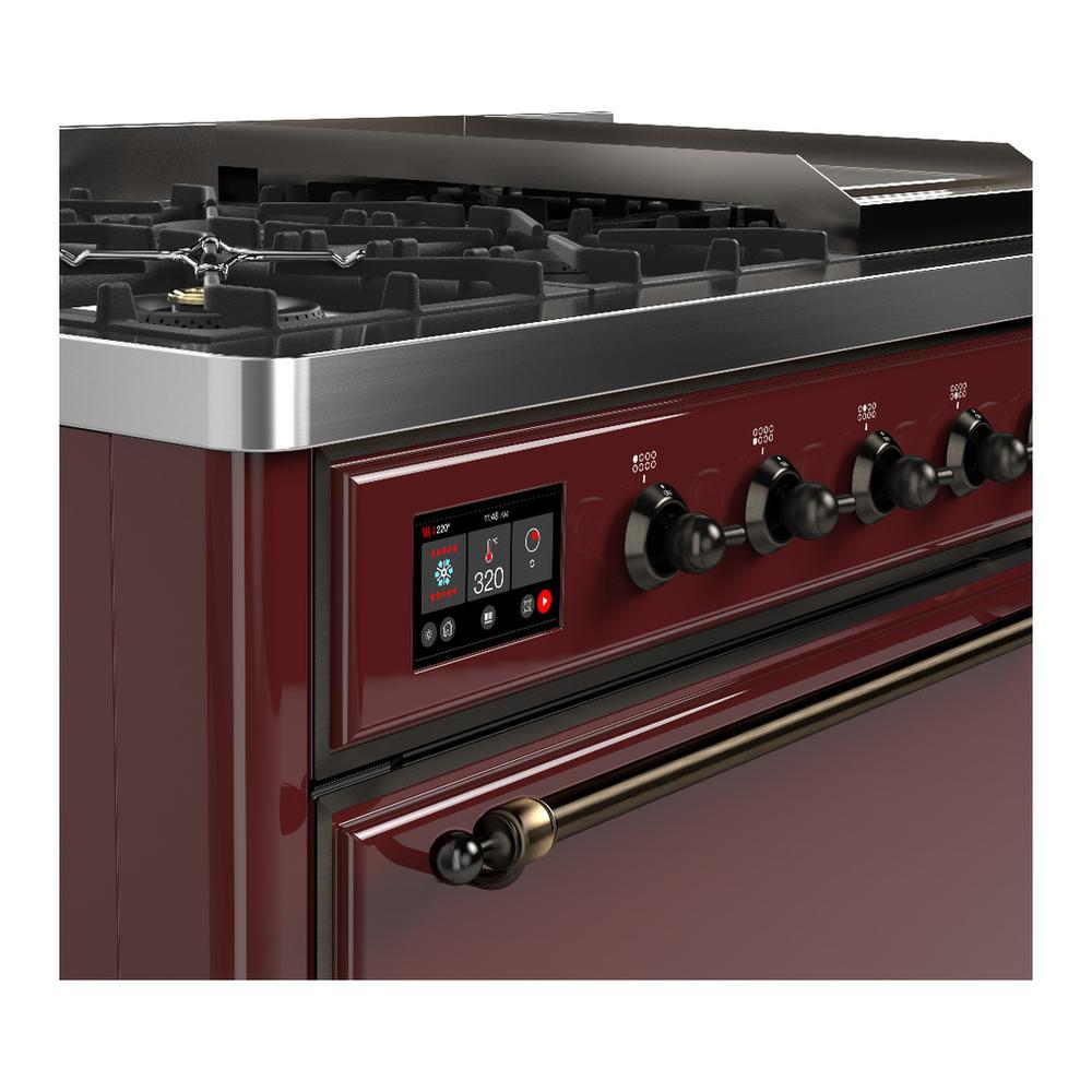 Ilve UM48FQNR3BUBLP Ilve Um48Fqnr3Bublp Majestic Iii 48 Inch Dual Fuel Range With 8 Burners And Griddle, Dual Function Burner Up To 25,000 Btu (Liquid Propane, Solid Door, Burgundy, Burnished)