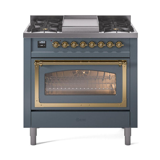Ilve UN36FNMPBGGLP Ilve Un36Fnmpbgglp Nostalgie Ii Noblesse 36" Dual Fuel Range (Liquid Propane, Triple Glass Door, Blue Grey, Brass)