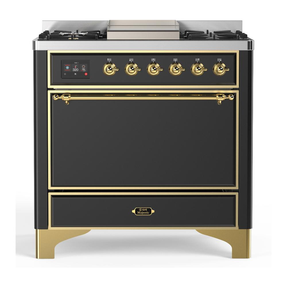 Ilve UM36FQNR3MGG Ilve Um36Fqnr3Mgg Majestic Iii 36 Inch Dual Fuel Range With 6 Black Brass Burners And Griddle, Dual Function Burner Up To 25,000 Btu (Solid Door, Graphite Matte, Brass, Natural Gas)