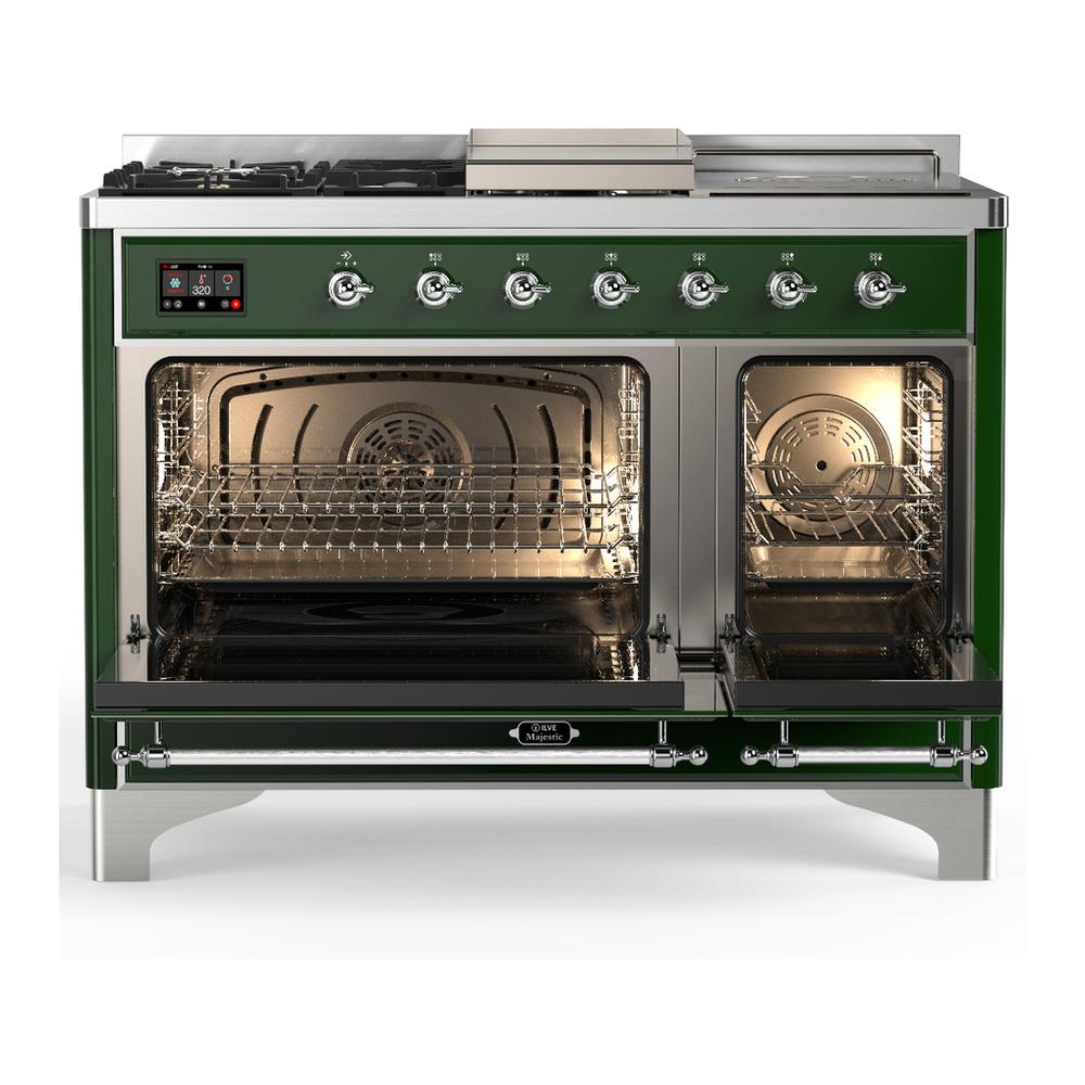 Ilve UM48FSNR3EGCLP Ilve Um48Fsnr3Egclp Majestic Iii 48 Inch Dual Fuel Range With 5 Black Brass Burners, Griddle And French Top, Dual Function Burner Up To 25,000 Btu (Liquid Propane, Triple Glass Door, Emerald Green, Chrome)