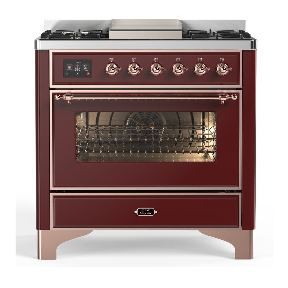 Ilve UM36FNR3BUP Ilve Um36Fnr3Bup Majestic Iii 36 Inch Dual Fuel Range With 6 Black Brass Burners And Griddle, Dual Function Burner Up To 25,000 Btu (Triple Glass Door, Burgundy, Copper, Natural Gas)