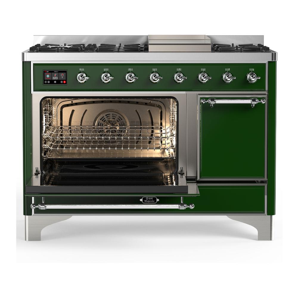 Ilve UM48FQNR3EGCLP Ilve Um48Fqnr3Egclp Majestic Iii 48 Inch Dual Fuel Range With 8 Burners And Griddle, Dual Function Burner Up To 25,000 Btu (Liquid Propane, Solid Door, Emerald Green, Chrome)