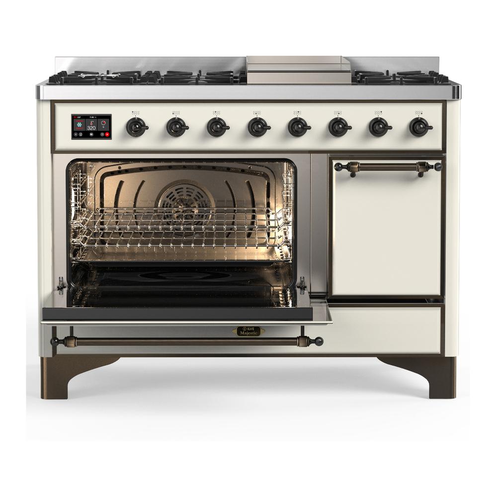 Ilve UM48FQNR3AWB Ilve Um48Fqnr3Awb Majestic Iii 48 Inch Dual Fuel Range With 8 Burners And Griddle, Dual Function Burner Up To 25,000 Btu (Natural Gas, Solid Door, Antique White, Burnished)