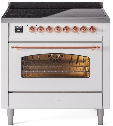 Ilve UPI366NMPWHP Nostalgie Ii 36 Inch Electric Freestanding Range In White With Copper Trim