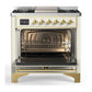 Ilve UM36FQNR3AWGLP Ilve Um36Fqnr3Awglp Majestic Iii 36 Inch Dual Fuel Range With 6 Black Brass Burners And Griddle, Dual Function Burner Up To 25,000 Btu (Solid Door, Antique White, Brass, Liquid Propane)