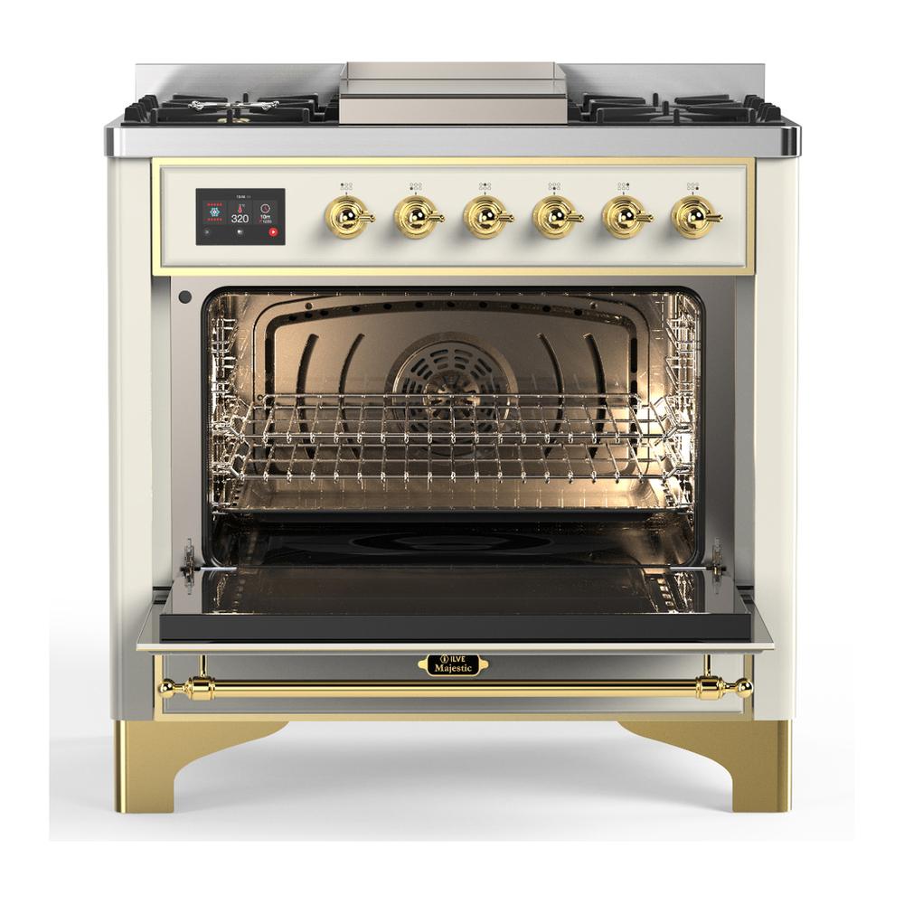 Ilve UM36FQNR3AWGLP Ilve Um36Fqnr3Awglp Majestic Iii 36 Inch Dual Fuel Range With 6 Black Brass Burners And Griddle, Dual Function Burner Up To 25,000 Btu (Solid Door, Antique White, Brass, Liquid Propane)
