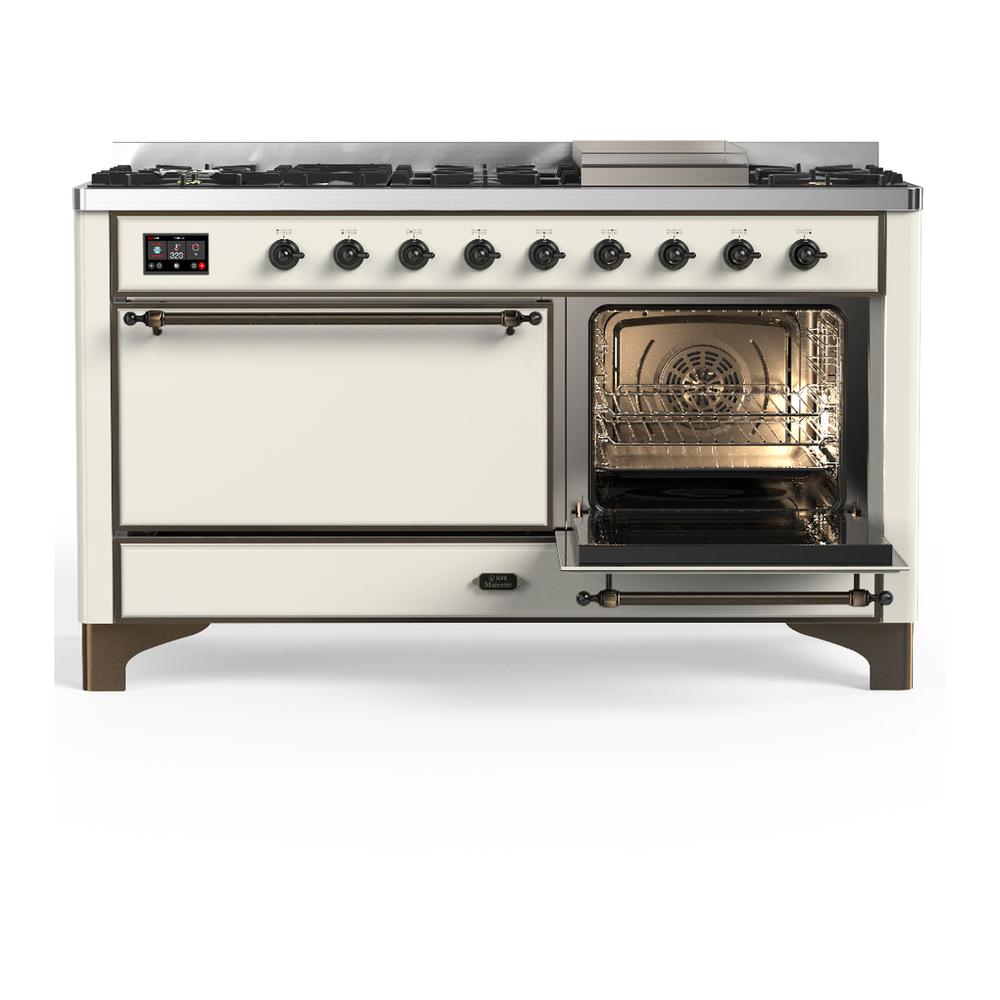 Ilve UM60FQNR3AWB Ilve Um60Fqnr3Awb Majestic Iii 60 Inch Dual Fuel Range With 9 Burners And Griddle, Dual Function Burner Up To 25,000 Btu (Natural Gas, Solid Door, Antique White, Burnished)