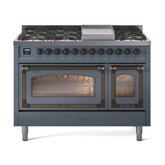 Ilve UN48FNMPBGBLP Ilve Un48Fnmpbgblp Nostalgie Ii Noblesse 48" Dual Fuel Range (8 Sealed Burners + Griddle, Liquid Propane, Triple Glass Door, Blue Grey, Burnished)