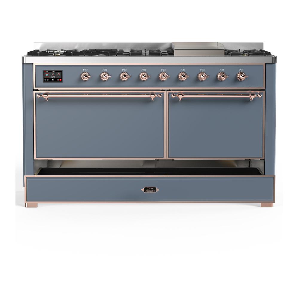 Ilve UM60FQNR3BGP Ilve Um60Fqnr3Bgp Majestic Iii 60 Inch Dual Fuel Range With 9 Burners And Griddle, Dual Function Burner Up To 25,000 Btu (Natural Gas, Solid Door, Blue Grey, Copper)