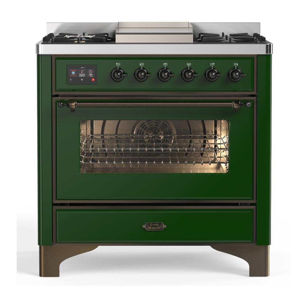 Ilve UM36FNR3EGBLP Ilve Um36Fnr3Egblp Majestic Iii 36 Inch Dual Fuel Range With 6 Black Brass Burners And Griddle, Dual Function Burner Up To 25,000 Btu (Triple Glass Door, Emerald Green, Burnished, Liquid Propane)