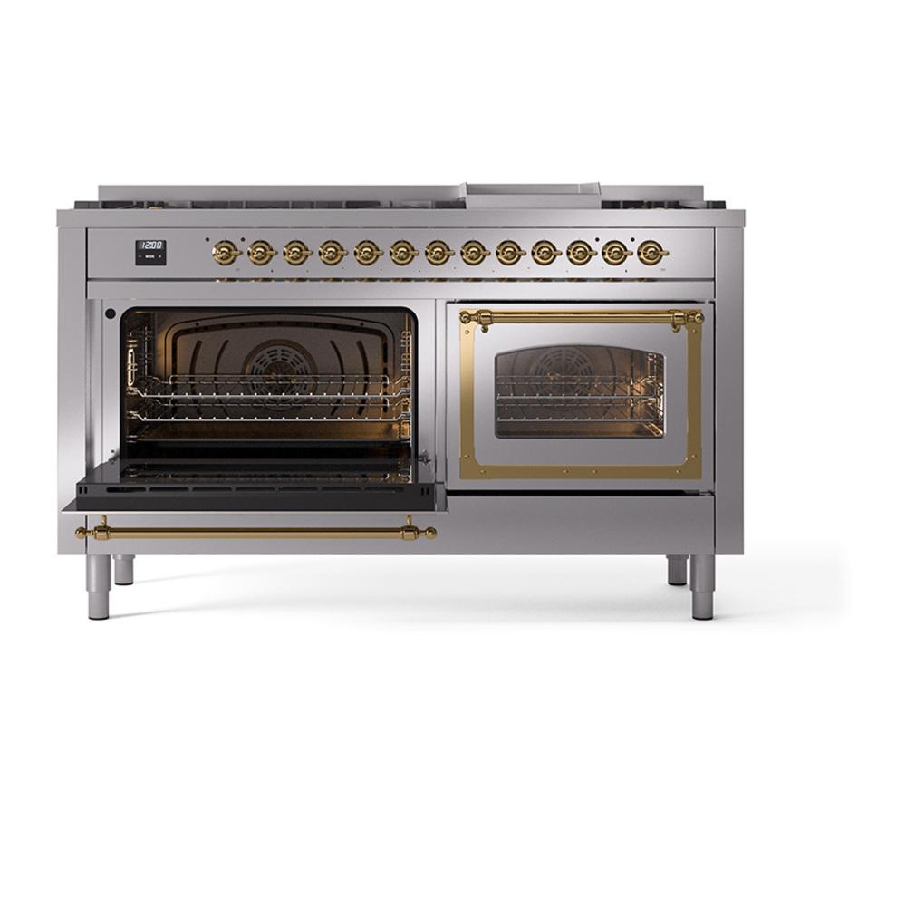 Ilve UN60FNMPSSG Ilve Un60Fnmpssg Nostalgie Ii Noblesse 60" Dual Fuel Range (9 Sealed Burners + Griddle, Natural Gas, Triple Glass Door, Stainless Steel, Brass)