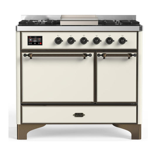 Ilve UMD40FQNR3AWBLP Ilve Umd40Fqnr3Awblp Majestic Iii 40 Inch Dual Fuel Range With 6 Burners And Griddle, Dual Function Burner Up To 25,000 Btu (Liquid Propane, Solid Door, Antique White, Burnished)