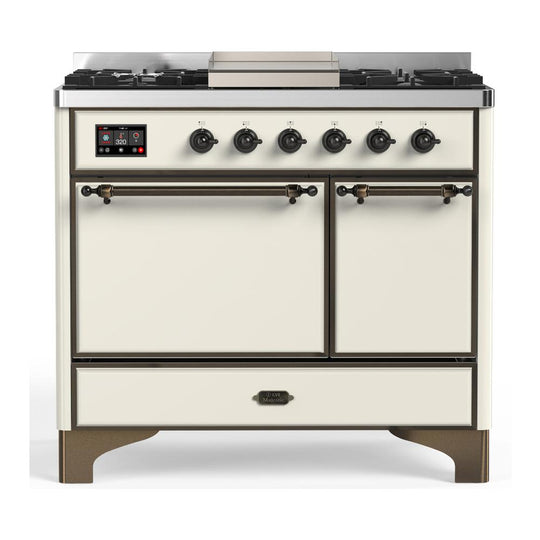 Ilve UMD40FQNR3AWBLP Ilve Umd40Fqnr3Awblp Majestic Iii 40 Inch Dual Fuel Range With 6 Burners And Griddle, Dual Function Burner Up To 25,000 Btu (Liquid Propane, Solid Door, Antique White, Burnished)