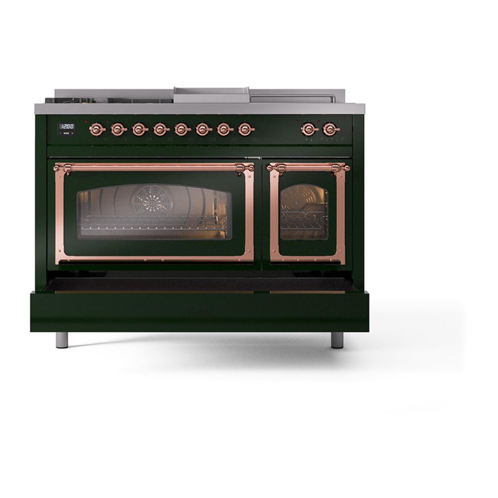 Ilve UN48FSNMPEGPLP Ilve Un48Fsnmpegplp Nostalgie Ii Noblesse 48" Dual Fuel Range (5 Sealed Burners + Griddle + French Top, Liquid Propane, Triple Glass Door, Emerald Green, Copper)