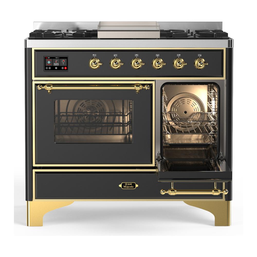 Ilve UMD40FNR3MGGLP Ilve Umd40Fnr3Mgglp Majestic Iii 40 Inch Dual Fuel Range With 6 Burners And Griddle, Dual Function Burner Up To 25,000 Btu (Liquid Propane, Triple Glass Door, Graphite Matte, Brass)