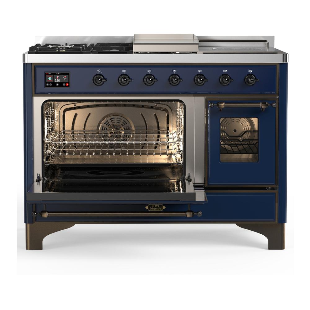 Ilve UM48FSNR3MBB Ilve Um48Fsnr3Mbb Majestic Iii 48 Inch Dual Fuel Range With 5 Black Brass Burners, Griddle And French Top, Dual Function Burner Up To 25,000 Btu (Natural Gas, Triple Glass Door, Midnight Blue, Burnished)