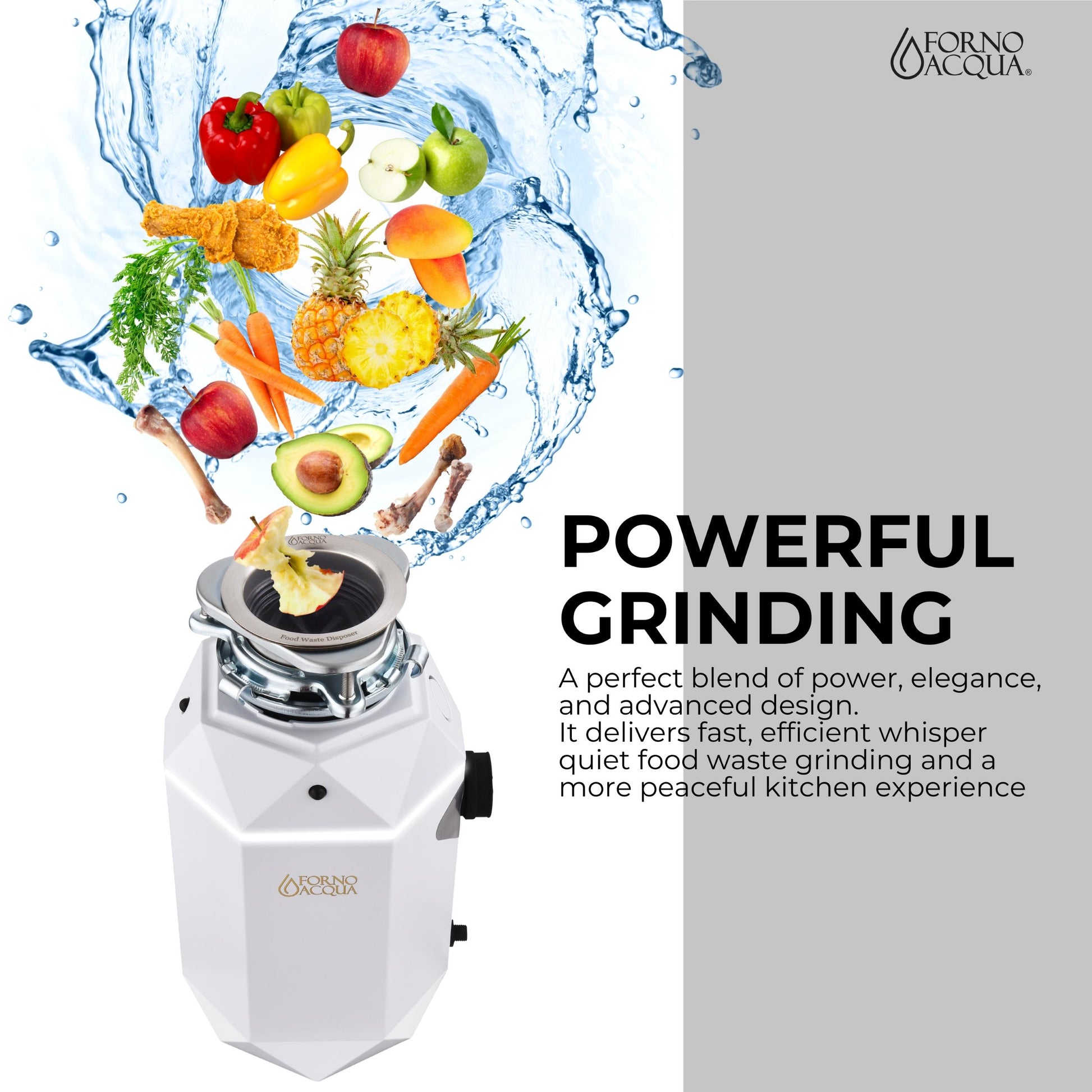 Forno WDD075TA2MS Forno Acqua Brightdiamond Moonstone 3/4Hp Super Quiet Garbage Disposal Corded With Motion Sensor Cabinet Light & Pre-Wired Air Switch