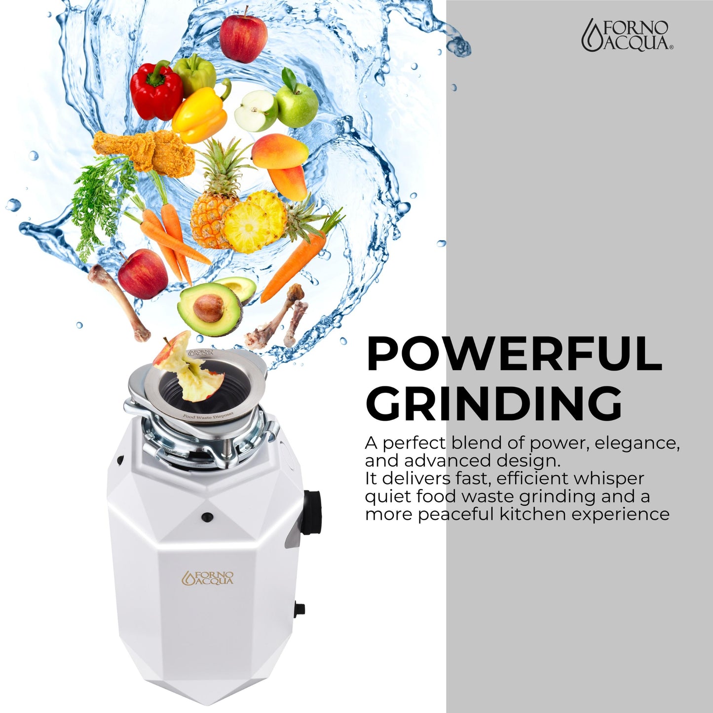 Forno WDD100TA2MS Forno Acqua Brightdiamond Moonstone 1Hp Super Quiet Garbage Disposal Corded With Motion Sensor Cabinet Light & Pre-Wired Air Switch