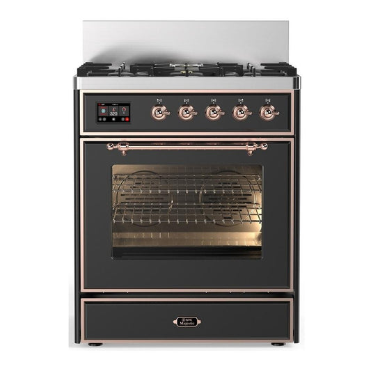 Ilve UM30NR3MGP Ilve Um30Nr3Mgp Majestic Iii 30 Inch Dual Fuel Range With 5 Black Brass Burners, Dual Function Burner Up To 25,000 Btu (Natural Gas, Triple Glass Door, Graphite Matte, Copper)
