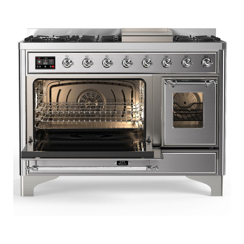 Ilve UM48FNR3SSCLP Ilve Um48Fnr3Ssclp Majestic Iii 48 Inch Dual Fuel Range With 8 Burners And Griddle, Dual Function Burner Up To 25,000 Btu (Liquid Propane, Triple Glass Door, Stainless Steel, Chrome)